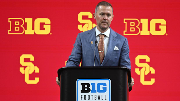 Jul 24, 2024; Indianapolis, IN, USA;  USC Trojans head coach Lincoln Riley speaks to the media during the Big 10 media days