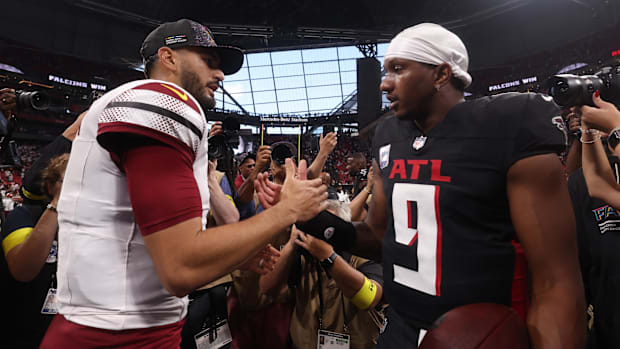 Washington Commanders quarterback Marcus Mariota and Atlanta Falcons quarterback Michael Penix Jr
