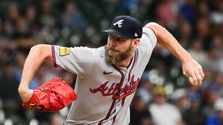 Jun 9, 2025; Milwaukee, Wisconsin, USA; Atlanta Braves starting pitcher Chris Sale (51) throws a pitch in the first inning against the Milwaukee Brewers at American Family Field. 