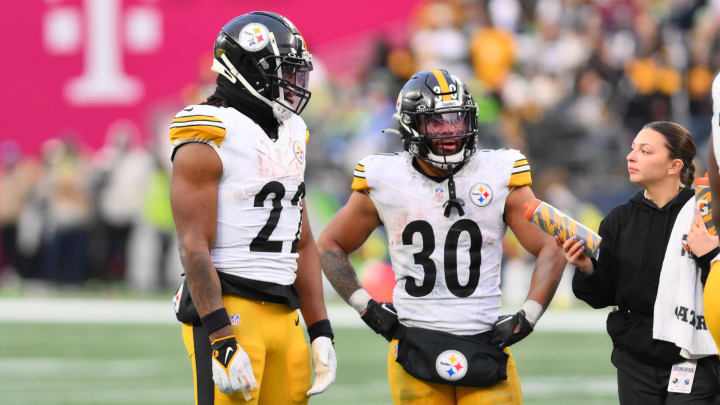 Dec 31, 2023; Seattle, Washington, USA; Pittsburgh Steelers running back Najee Harris (22) and Pittsburgh Steelers running back Jaylen Warren (30) during the second half against the Seattle Seahawks at Lumen Field. Mandatory Credit: Steven Bisig-USA TODAY Sports