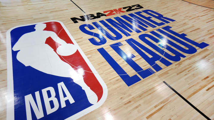 Jul 14, 2022; Las Vegas, NV, USA; Center court of Cox Pavilion is pictured before the start of an NBA Summer League game between the Atlanta Hawks and the San Antonio Spurs. Mandatory Credit: Stephen R. Sylvanie-USA TODAY Sports