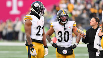 Dec 31, 2023; Seattle, Washington, USA; Pittsburgh Steelers running back Najee Harris (22) and Pittsburgh Steelers running back Jaylen Warren (30) during the second half against the Seattle Seahawks at Lumen Field. Mandatory Credit: Steven Bisig-USA TODAY Sports