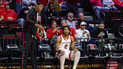 Nov 11, 2024; Piscataway, New Jersey, USA; Rutgers Scarlet Knights guard Dylan Harper (2) and guard Ace Bailey (4) looks on during halftime against the St. Peter's Peacocks at Jersey Mike's Arena. Mandatory Credit: Vincent Carchietta-Imagn Images