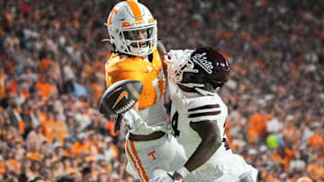 Nov 9, 2024; Knoxville, Tennessee, USA; Tennessee Volunteers wide receiver Chris Brazzell II (17) cannot catch a pass against Mississippi State Bulldogs cornerback Brice Pollock (14) during the first half at Neyland Stadium. Mandatory Credit: Saul Young/USA TODAY Network via Imagn Images