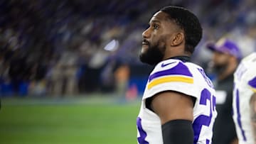 Jan 13, 2025; Glendale, AZ, USA; Minnesota Vikings cornerback Fabian Moreau (23) against the Los Angeles Rams during an NFC wild card game at State Farm Stadium. Mandatory Credit: Mark J. Rebilas-Imagn Images