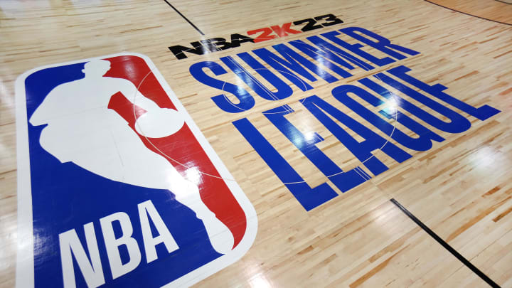 Jul 14, 2022; Las Vegas, NV, USA; Center court of Cox Pavilion is pictured before the start of an NBA Summer League game between the Atlanta Hawks and the San Antonio Spurs. Mandatory Credit: Stephen R. Sylvanie-USA TODAY Sports