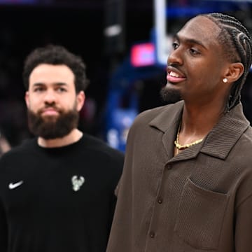 Apr 3, 2025; Philadelphia, Pennsylvania, USA; Philadelphia 76ers guard Tyrese Maxey looks on after the game against the Milwaukee Bucks at Wells Fargo Center. Mandatory Credit: Kyle Ross-Imagn Images