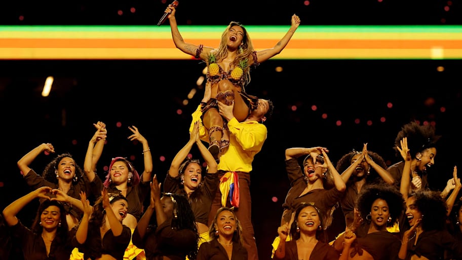 Singer Karol G performs during the half time during a NFL game in Sao Paulo