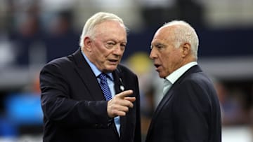 Nov 10, 2024; Arlington, Texas, USA; (L to R) Dallas Cowboys owner Jerry Jones talks to Philadelphia Eagles owner Jeffrey Lurie before the game at AT&T Stadium. Mandatory Credit: Tim Heitman-Imagn Images