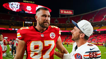 Aug 22, 2025; Kansas City, Missouri, USA; Kansas City Chiefs tight end Travis Kelce (87) talks with Chicago Bears place kicker Cairo Santos (8) after the game at GEHA Field at Arrowhead Stadium. Mandatory Credit: Denny Medley-Imagn Images
