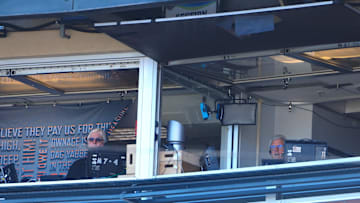 Sep 24, 2020; San Francisco, California, USA; TV broadcasters Mike Krukow and Duane Kuiper in separate broadcast booths during the sixth inning between the San Francisco Giants and the Colorado Rockies at Oracle Park. 