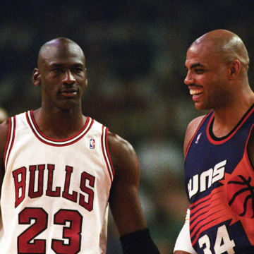 Michael Jordan and Charles Barkley during the 1993 NBA Finals in Chicago.