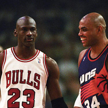 Bulls guard Michael Jordan and Suns forward Charles Barkley face off in the 1993 NBA Finals.