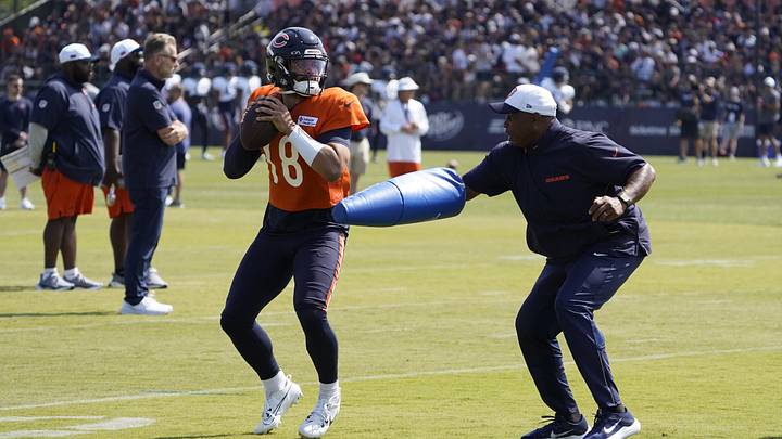 Jul 27, 2024; Lake Forest, IL, USA; Chicago Bears quarterback Caleb Williams (18) throws  a pass during Chicago Bears Training Camp at Halas Hall. Mandatory Credit: David Banks-USA TODAY Sports