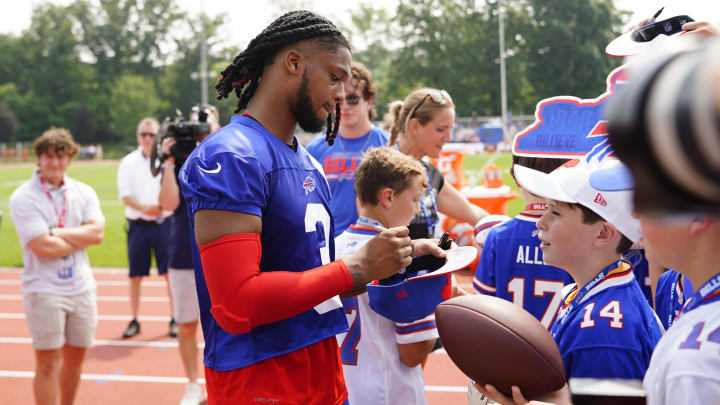 Jul 26, 2023; Rochester, NY, USA; Buffalo Bills safety Damar Hamlin (3) signs autographs for fans during training camp at St. John Fisher College. Mandatory Credit: Gregory Fisher-USA TODAY Sports