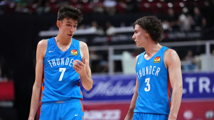 Jul 9, 2022; Las Vegas, NV, USA; Oklahoma City Thunder forward Chet Holmgren (7) talks to guard Josh Giddey (3) during an NBA Summer League game against the Houston Rockets at Thomas & Mack Center. Mandatory Credit: Stephen R. Sylvanie-USA TODAY Sports