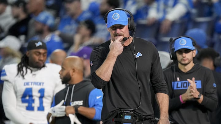 Detroit Lions head coach Dan Campbell walks the sideline during a game against the Indianapolis Colts at Lucas Oil Stadium. Detroit Lions head coach Dan Campbell walks the sideline during a game against the Indianapolis Colts at Lucas Oil Stadium.