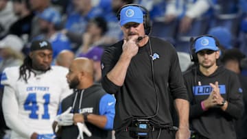 Nov 24, 2024; Indianapolis, Indiana, USA; Detroit Lions head coach Dan Campbell walks the sideline during a game against the Indianapolis Colts at Lucas Oil Stadium. Mandatory Credit: Grace Hollars/USA TODAY Network via Imagn Images