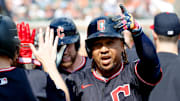 Sep 18, 2025; Detroit, Michigan, USA;  Cleveland Guardians third base Jose Ramirez (11) receives congratulations from teammates  after he hits a two run home run in the seventh inning against the Detroit Tigers at Comerica Park. Mandatory Credit: Rick Osentoski-Imagn Images