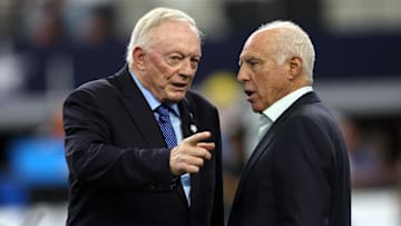 Nov 10, 2024; Arlington, Texas, USA; (L to R) Dallas Cowboys owner Jerry Jones talks to Philadelphia Eagles owner Jeffrey Lurie before the game at AT&T Stadium. Mandatory Credit: Tim Heitman-Imagn Images