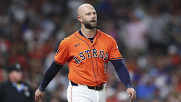 Jul 11, 2025; Houston, Texas, USA; Houston Astros first baseman Christian Walker (8) reacts after a play during the game against the Texas Rangers at Daikin Park. Mandatory Credit: Troy Taormina-Imagn Images
