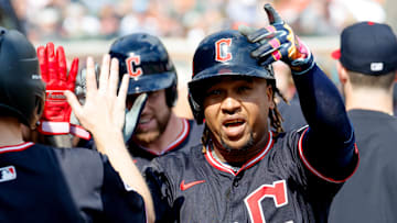 Sep 18, 2025; Detroit, Michigan, USA;  Cleveland Guardians third base Jose Ramirez (11) receives congratulations from teammates  after he hits a two run home run in the seventh inning against the Detroit Tigers at Comerica Park. Mandatory Credit: Rick Osentoski-Imagn Images