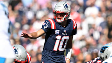 Sep 28, 2025; Foxborough, Massachusetts, USA; New England Patriots quarterback Drake Maye (10) calls a play against the Carolina Panthers  during the first half at Gillette Stadium. Mandatory Credit: Brian Fluharty-Imagn Images