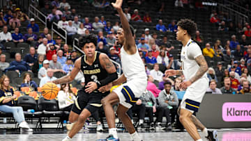 Mar 12, 2025; Kansas City, MO, USA; Colorado Buffaloes guard Julian Hammond III (3) drives to the basket during the second half against the West Virginia Mountaineers at T-Mobile Center. Mandatory Credit: William Purnell-Imagn Images