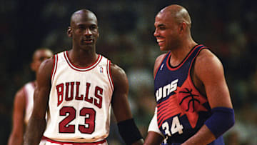 Bulls guard Michael Jordan and Suns forward Charles Barkley face off in the 1993 NBA Finals.