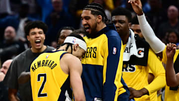 May 13, 2025; Cleveland, Ohio, USA; Indiana Pacers guard Andrew Nembhard (2) celebrates with the bench during the second half against the Cleveland Cavaliers in game five of the second round for the 2025 NBA Playoffs at Rocket Arena. Mandatory Credit: Ken Blaze-Imagn Images