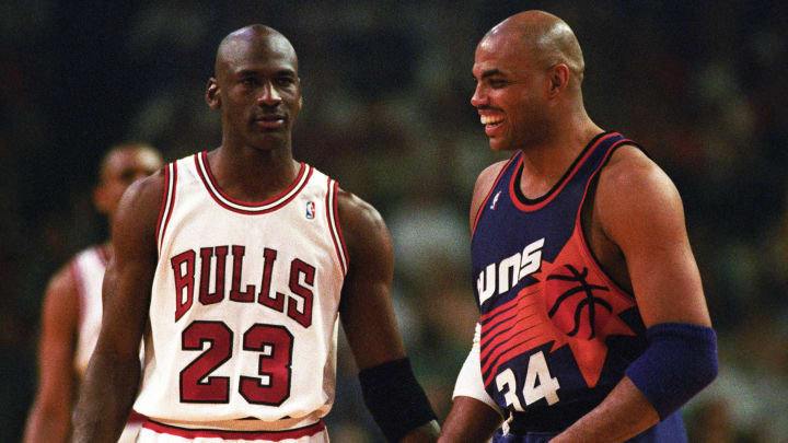 Bulls guard Michael Jordan and Suns forward Charles Barkley face off in the 1993 NBA Finals.