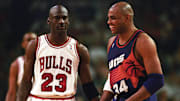 Bulls guard Michael Jordan and Suns forward Charles Barkley face off in the 1993 NBA Finals.