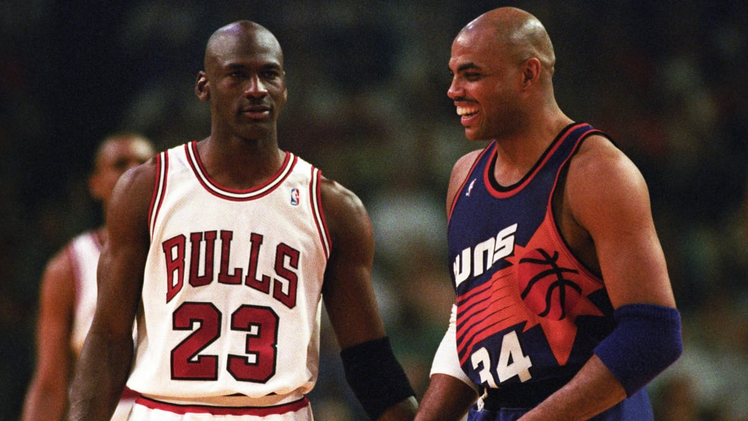 Bulls guard Michael Jordan and Suns forward Charles Barkley face off in the 1993 NBA Finals.