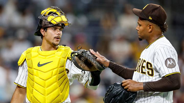 Sep 5, 2026; San Diego, California, USA;  San Diego Padres catcher Ethan Salas (8) congratulates relief pitcher Jhony Brito (76) during the ninth inning against the New York Yankees at Petco Park.  Mandatory Credit: David Frerker-Imagn Images