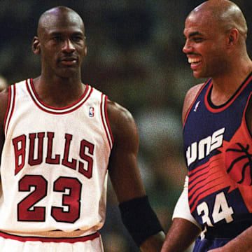 Michael Jordan and Charles Barkley during the 1993 NBA Finals in Chicago.