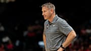 Nov 26, 2024; Las Vegas, Nevada, USA; Alabama Crimson Tide head coach Nate Oats watches the game against the Houston Cougars during the second half at MGM Grand Garden Arena. Mandatory Credit: Jeffrey (Tyge) O'Donnell-Imagn Images