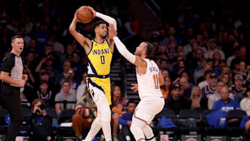 Oct 25, 2024; New York, New York, USA; Indiana Pacers guard Tyrese Haliburton (0) looks to pass the ball against New York Knicks guard Jalen Brunson (11) during the third quarter at Madison Square Garden. Mandatory Credit: Brad Penner-Imagn Images