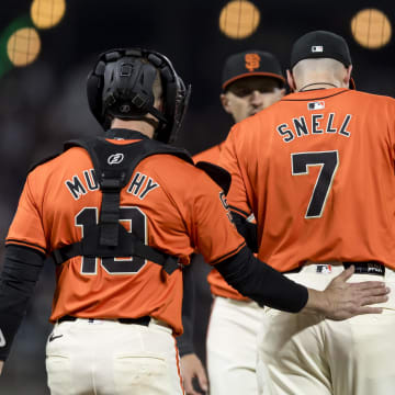 Apr 19, 2024; San Francisco, California, USA;  San Francisco Giants catcher Tom Murphy (19) and pitcher Blake Snell (7) talk before the pitch against the Arizona Diamondbacks during the fourth inning at Oracle Park