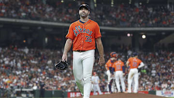 Sep 20, 2024; Houston, Texas, USA; Houston Astros starting pitcher Justin Verlander (35) walks off the field after a pitching change in the fifth inning against the Los Angeles Angels at Minute Maid Park. Mandatory Credit: Troy Taormina-Imagn Images