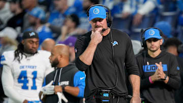 Detroit Lions head coach Dan Campbell walks the sideline Sunday, Nov. 24, 2024, during a game against the Indianapolis Colts at Lucas Oil Stadium in Indianapolis.