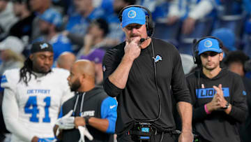 Detroit Lions head coach Dan Campbell walks the sideline Sunday, Nov. 24, 2024, during a game against the Indianapolis Colts at Lucas Oil Stadium in Indianapolis.