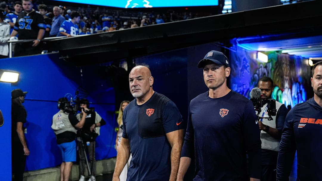 Chicago Bears head coach Ben Johnson walks out of the tunnel to watch warm up at Ford Field in Detroit on Sunday, Sept. 14, 2025.