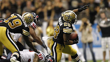 Sep 25, 2011; New Orleans, LA, USA; New Orleans Saints running back Mark Ingram (28) carries the ball for a touchdown during the fourth quarter at the Louisiana Superdome. New Orleans defeated Houston 40-33. Mandatory Credit: Crystal LoGiudice-Imagn Images