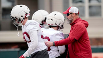 Mar 5, 2025; Tuscaloosa, AL, USA; Linebackers coach Chuck Morrell works with players during Spring Practice for the Crimson Tide.