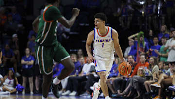 Nov 19, 2024; Gainesville, Florida, USA; Florida Gators guard Walter Clayton Jr. (1) dribbles the ball up the court against the Florida A&M Rattlers during the second half at Exactech Arena at the Stephen C. O'Connell Center. Mandatory Credit: Morgan Tencza-Imagn Images
