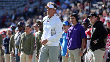 Nov 18, 2023; Oxford, Mississippi, USA; Mississippi Rebels head coach Lane Kiffin watches during the first half against the Louisiana Monroe Warhawks at Vaught-Hemingway Stadium. Mandatory Credit: Petre Thomas-USA TODAY Sports