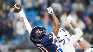 Dec 6, 2025; Charlotte, NC, USA; Virginia Cavaliers wide receiver Trell Harris (11) misses a pass in the second half against the Duke Blue Devils during the 2025 ACC Championship game at Bank of America Stadium. Mandatory Credit: Jim Dedmon-Imagn Images