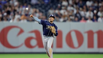 Tampa Bay Rays shortstop Wander Franco (5) throws out New York Yankees shortstop Anthony Volpe (not pictured) on a ground ball to end the eighth inning at Yankee Stadium on Aug 1.