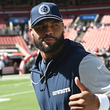 Dallas Cowboys quarterback Dak Prescott (4) runs off the field before the game between the Cleveland Browns and the Cowboys at Huntington Bank Field. 