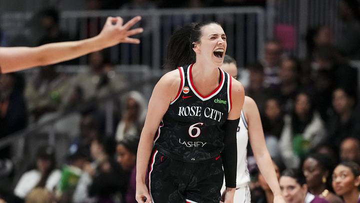 May 23, 2026; Toronto, Ontario, CAN; Portland Fire forward Bridget Carleton (6) celebrates after scoring against the Toronto Tempo during the second half at Coca-Cola Coliseum. Mandatory Credit: Kevin Sousa-Imagn Images